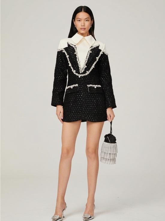 Twotwinstyle Dresses & Skirts - Black Tweed Mini Dress with White Trim